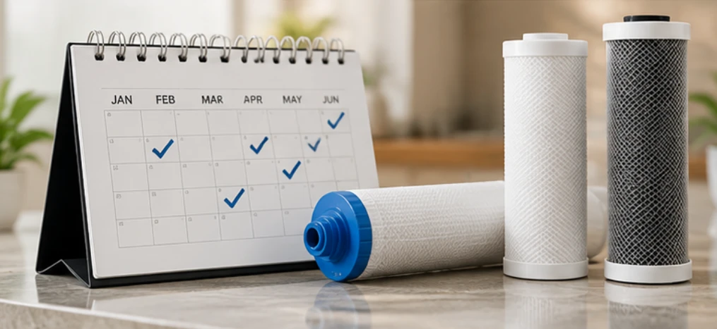 Service calendar with ticked visits next to replacement filter cartridges