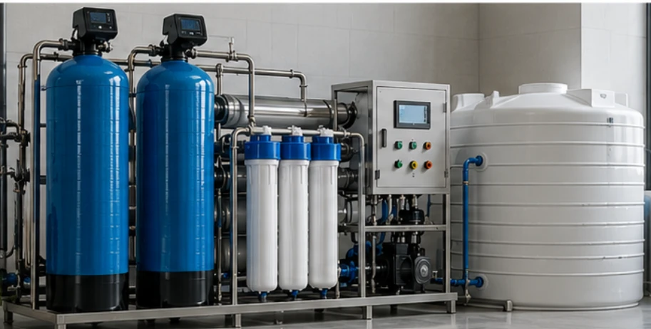 Commercial RO plant with pressure vessels, filters, control panel and storage tank