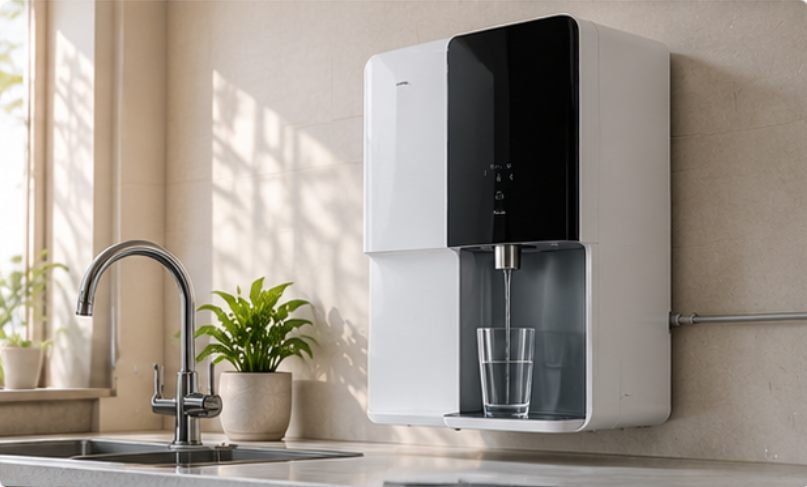 Wall-mounted RO purifier installed beside a kitchen sink