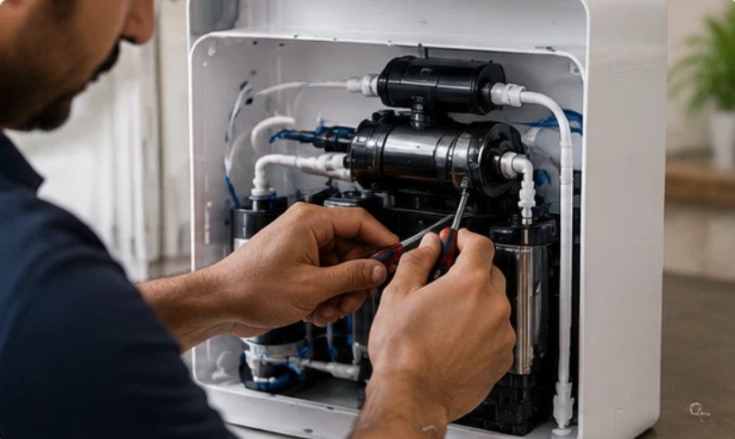 Technician repairing the inside of an RO purifier with a screwdriver
