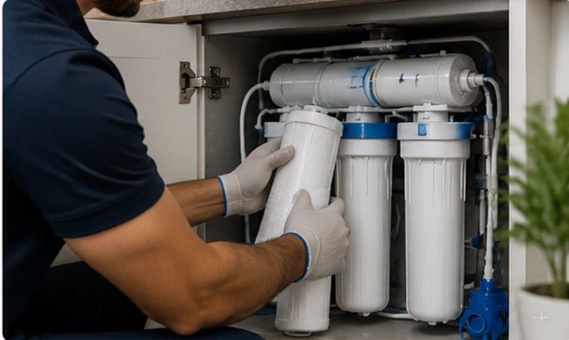 Technician replacing a filter cartridge in an under-sink RO purifier